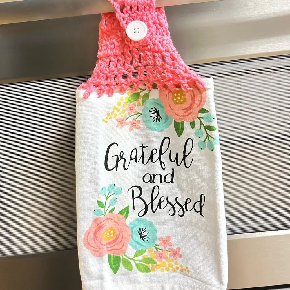 Hand Crafted Floral Hanging Kitchen Hand Towels Colorful Grateful and Blessed